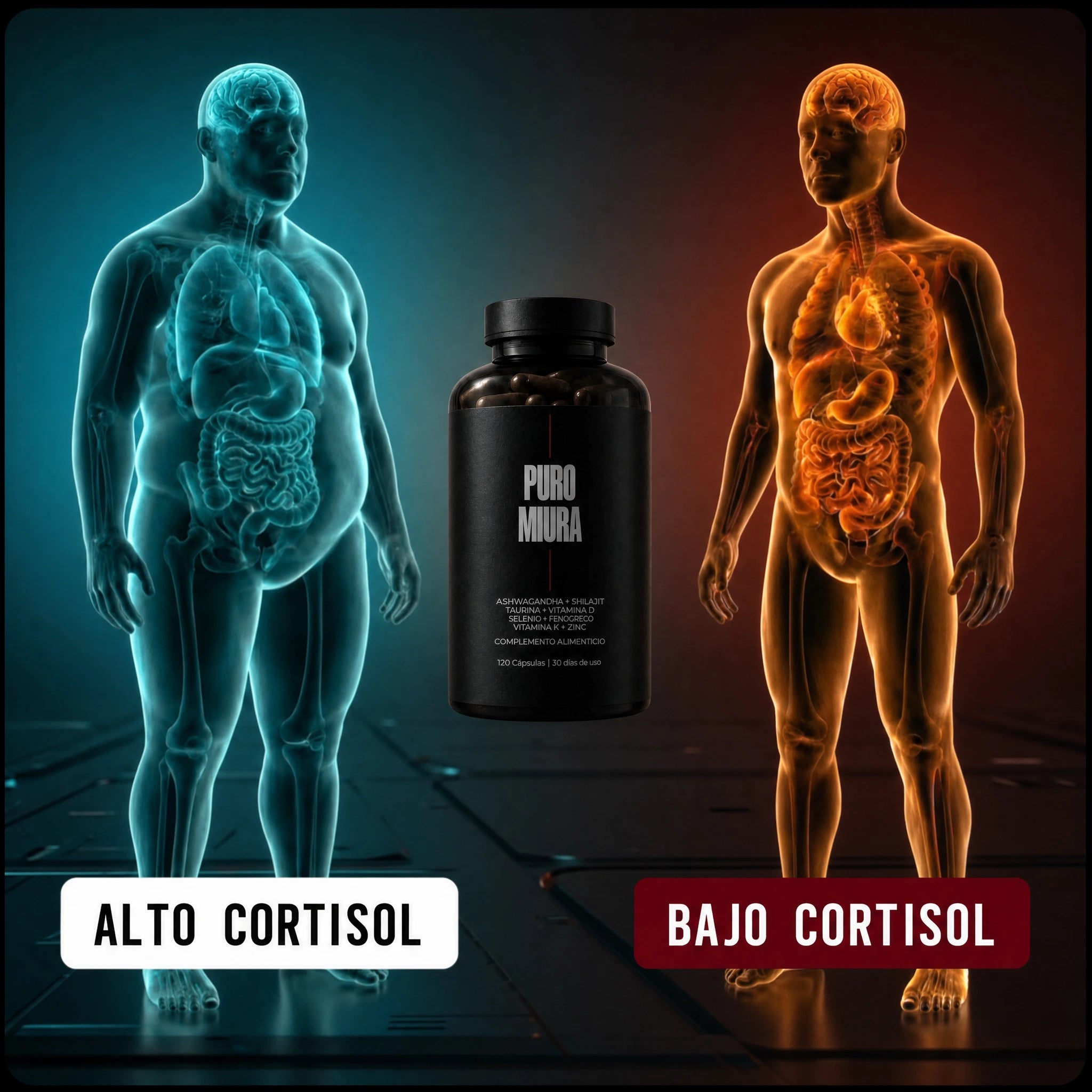 Comparativa visual entre cortisol alto y cortisol bajo con Puro Miura