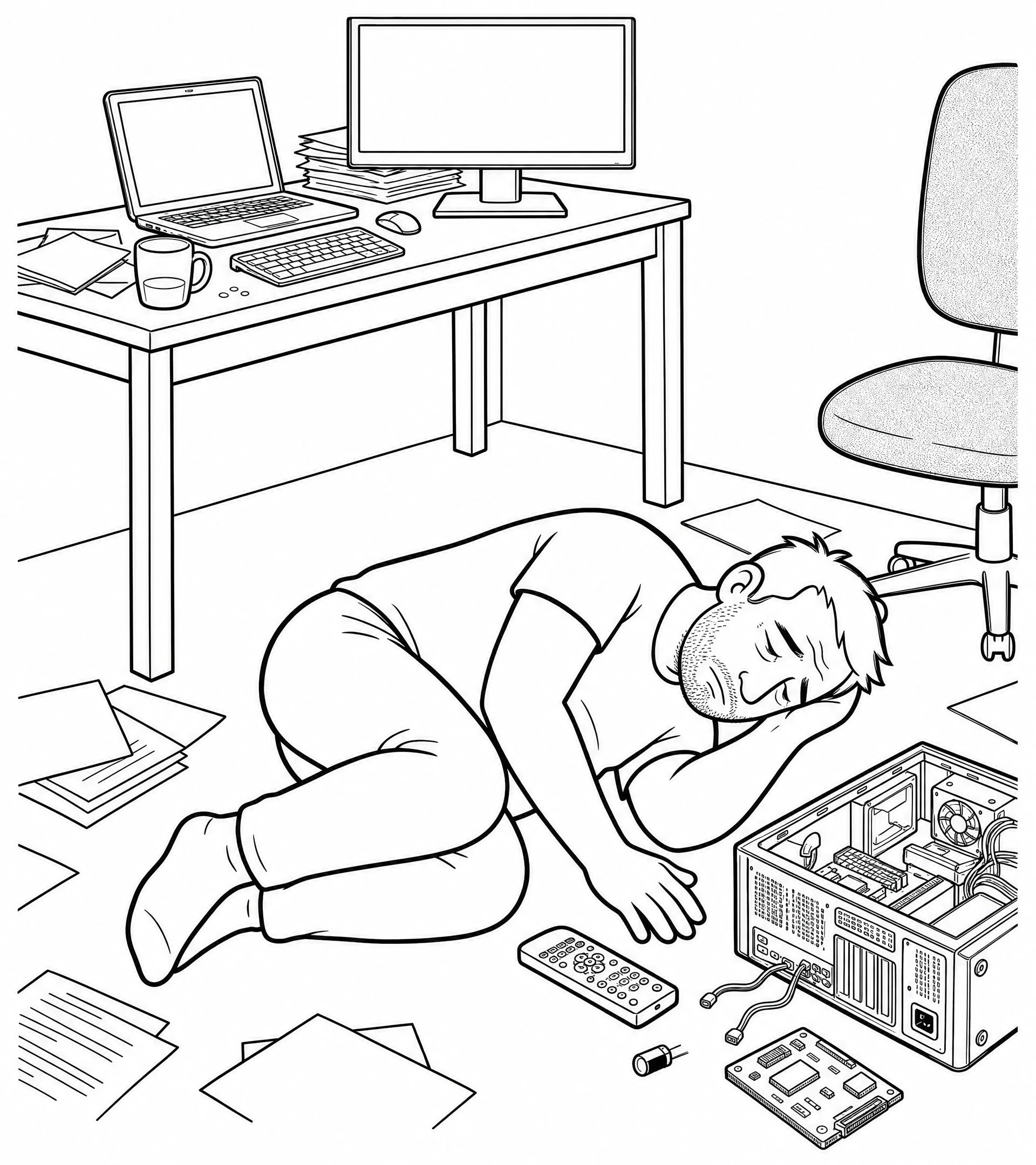 Ilustración de un hombre agotado junto a un escritorio